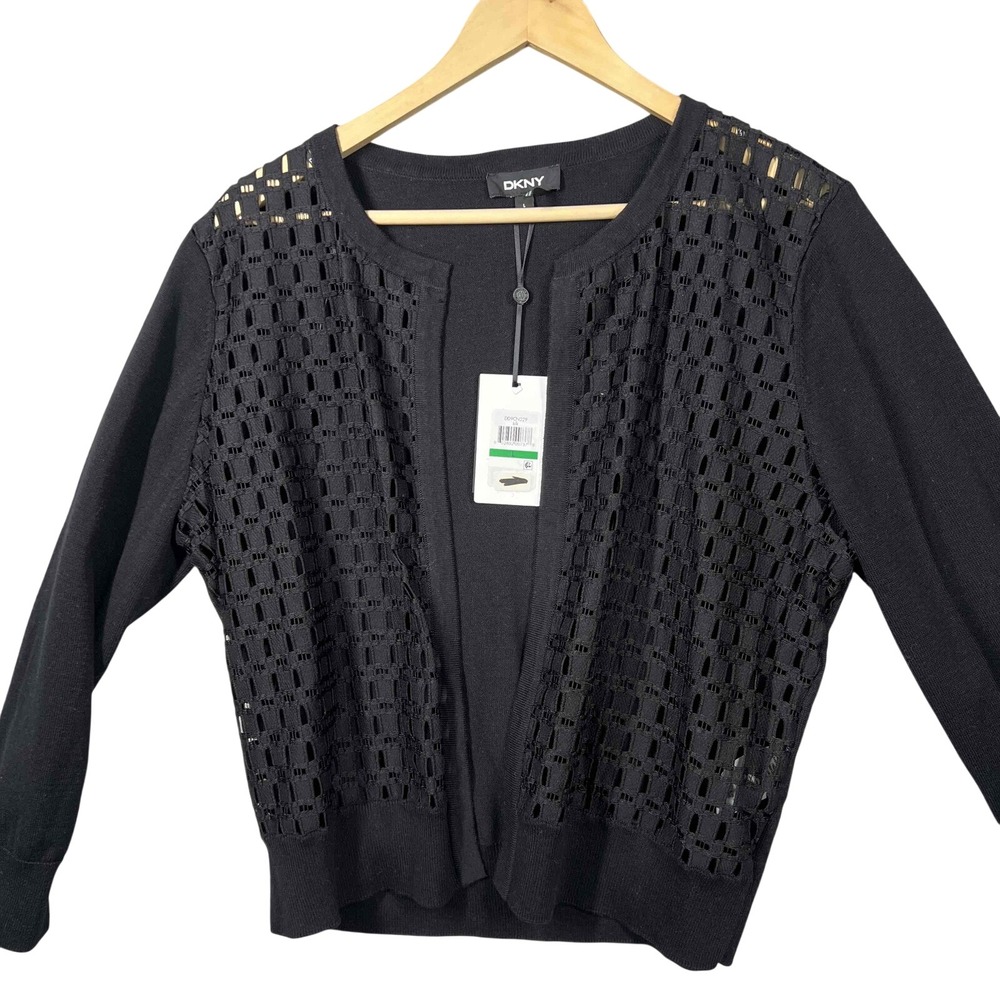 NWT DKNY Black Crochet Open Front 3 Quarter Sleeve Cardigan Womens L Career